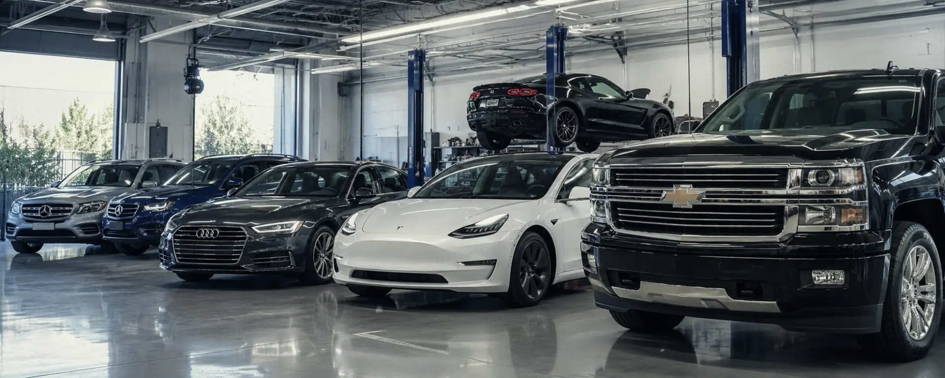 Cars, SUVs and pickup trucks inside a professional Charlotte dent repair facility serving all vehicle makes and models.