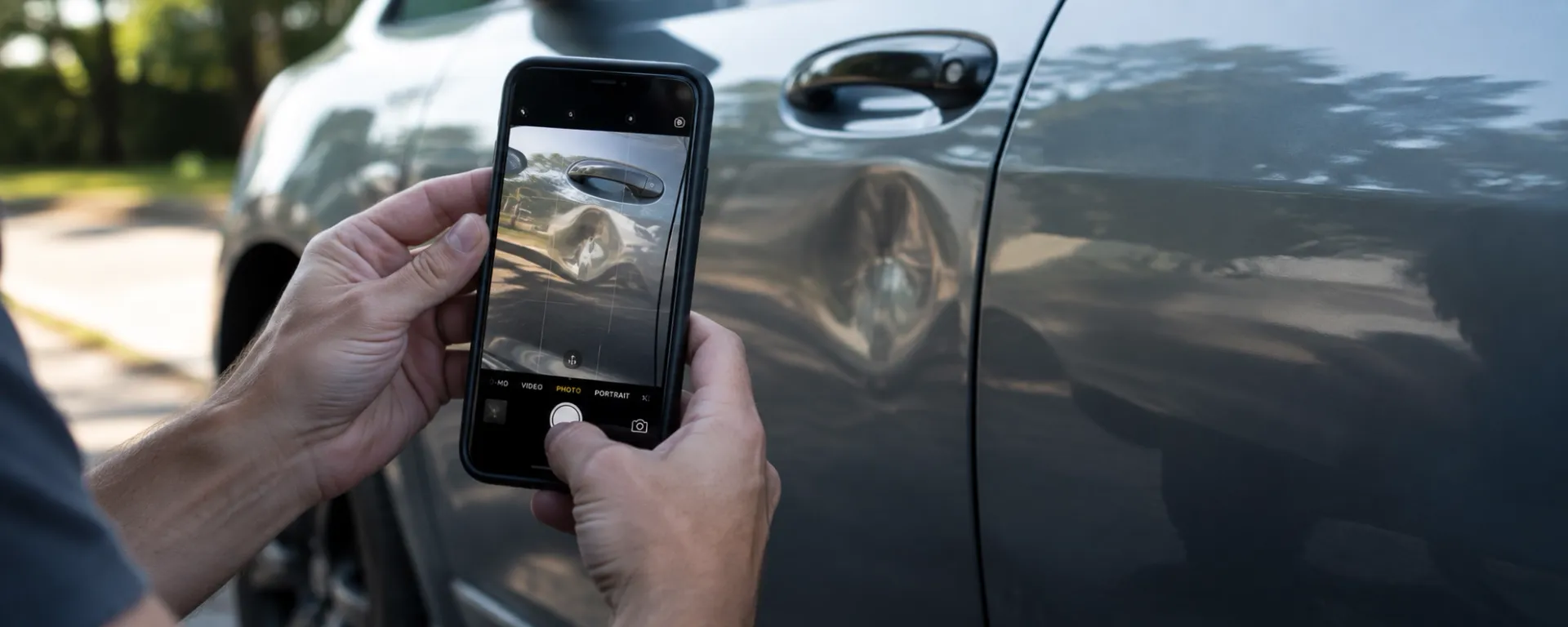 Customer taking a photo of vehicle dent with a smartphone to request a free dent repair estimate in Charlotte, NC.