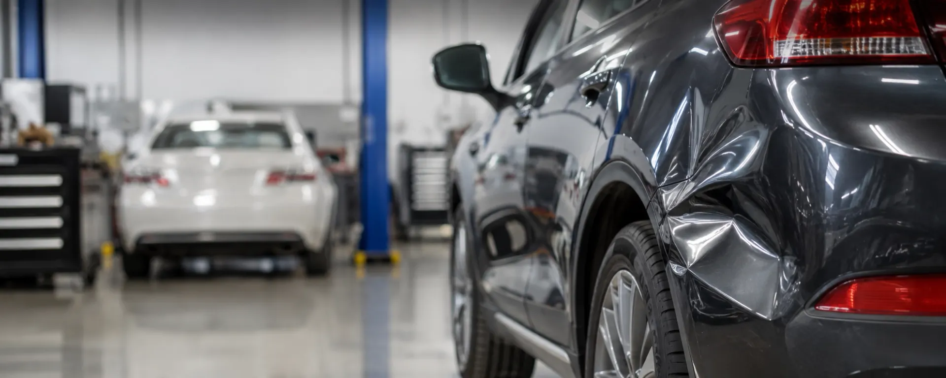 Technician performing professional dent repair on a vehicle at a Charlotte, NC auto repair shop.