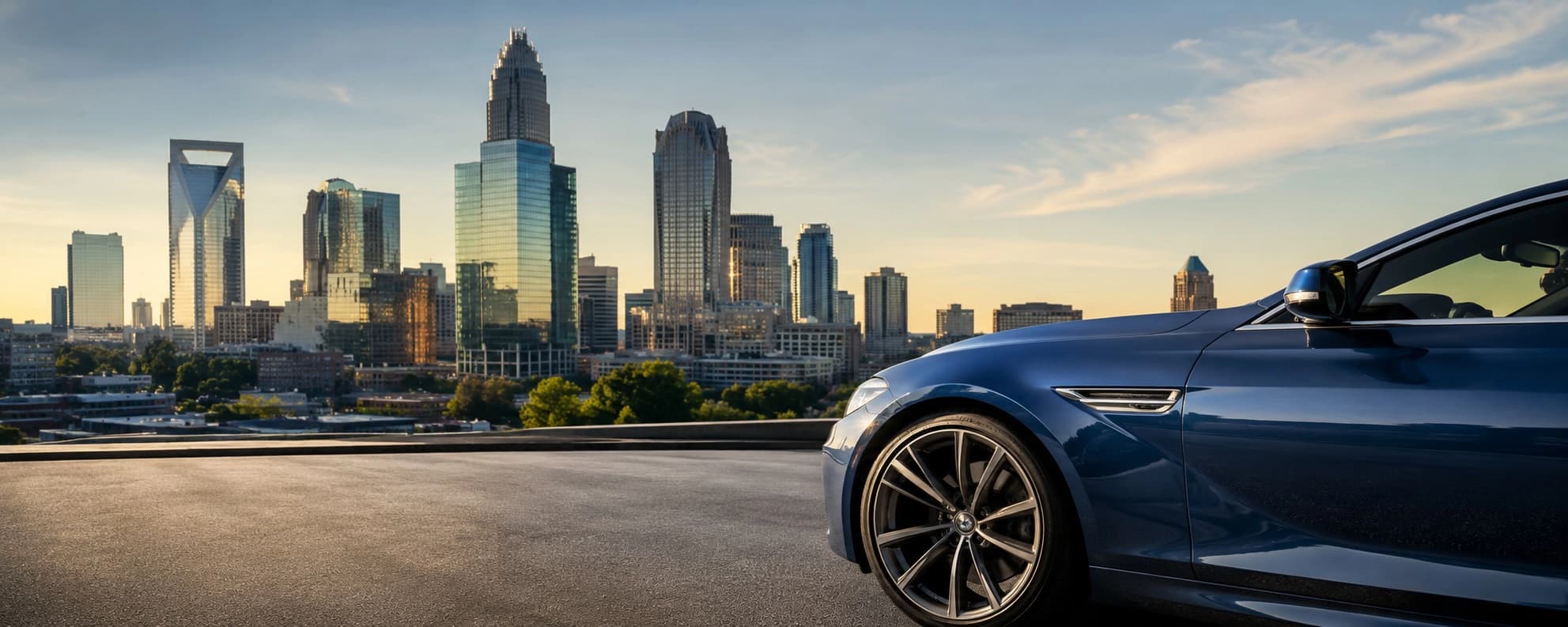 The Charlotte, NC skyline at sunset with a luxury sedan parked in the foreground
